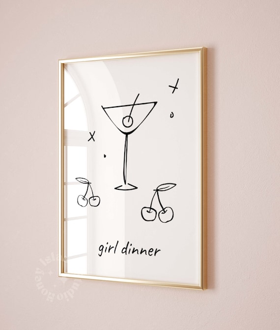 Girl Dinner Martini and Cherries Minimalist Black Line Art Poster