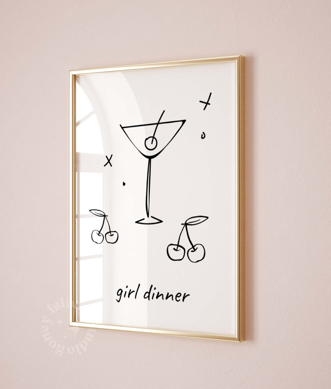 Girl Dinner Martini and Cherries Minimalist Black Line Art Poster