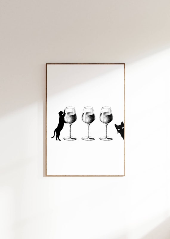 Wine Cat Peeking Retro White Art Print