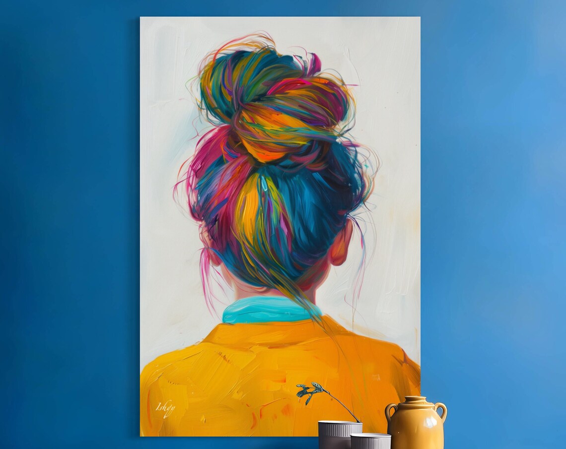 Woman Seen from Behind with Rainbow Colorful Hair Bun Art Poster - Image 6
