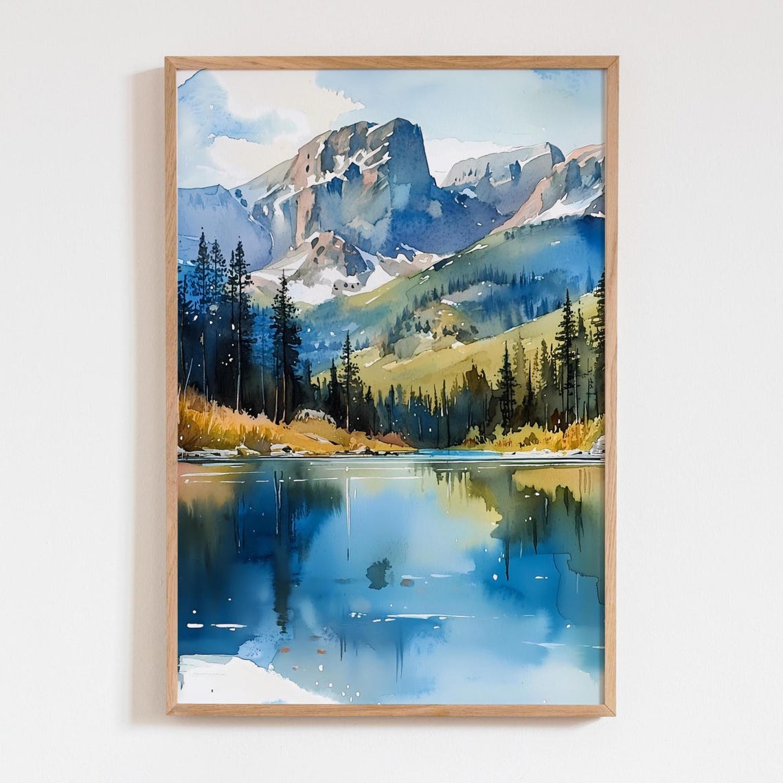 Snowy Rocky Mountain Lake Reflection Watercolor Landscape Print