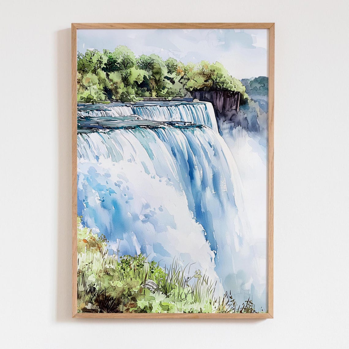 Niagara Falls Watercolor Blue White Cascading Waterfall Nature Poster