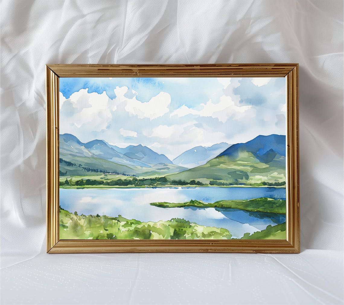 Scottish Highlands Loch Watercolor Green Mountains Landscape Poster
