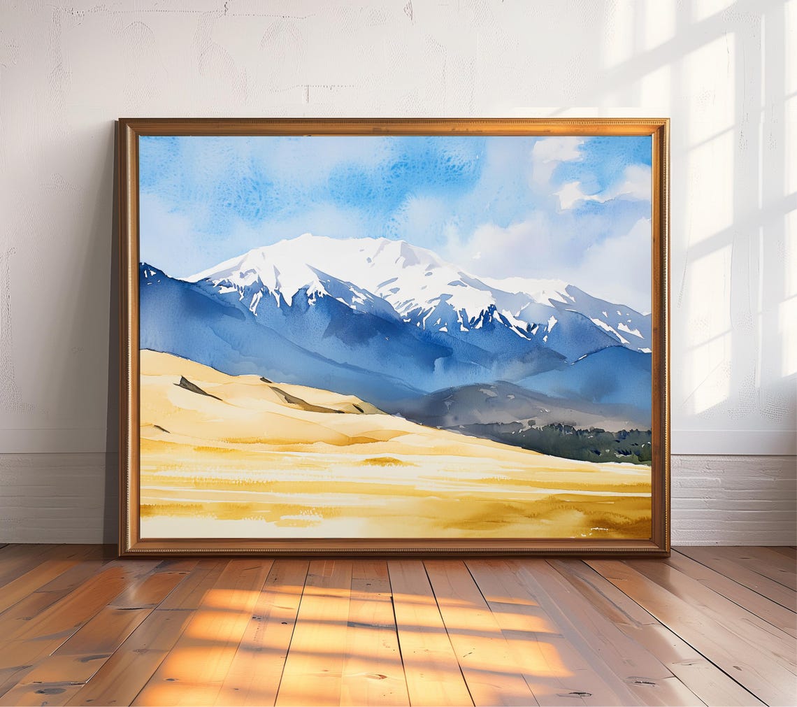 Snowy Mountain Golden Sand Dunes Soft Watercolor Nature Poster