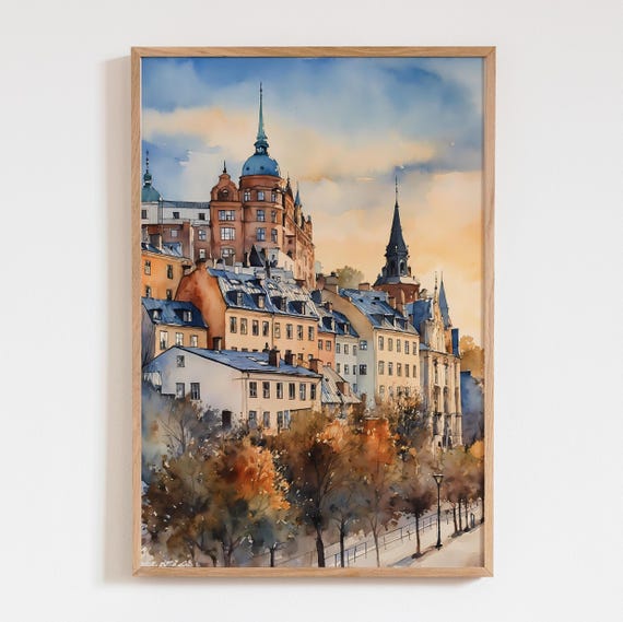Stockholm Travel Poster Sweden Watercolor Art Print Cityscape Wall Scandinavian Decor