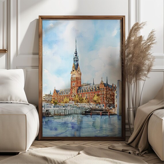 Hamburg City Hall Watercolor Art Print, Germany