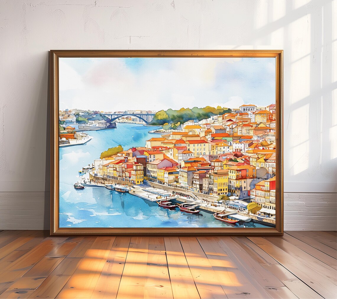 Porto Cityscape Watercolor Travel Poster, Portugal