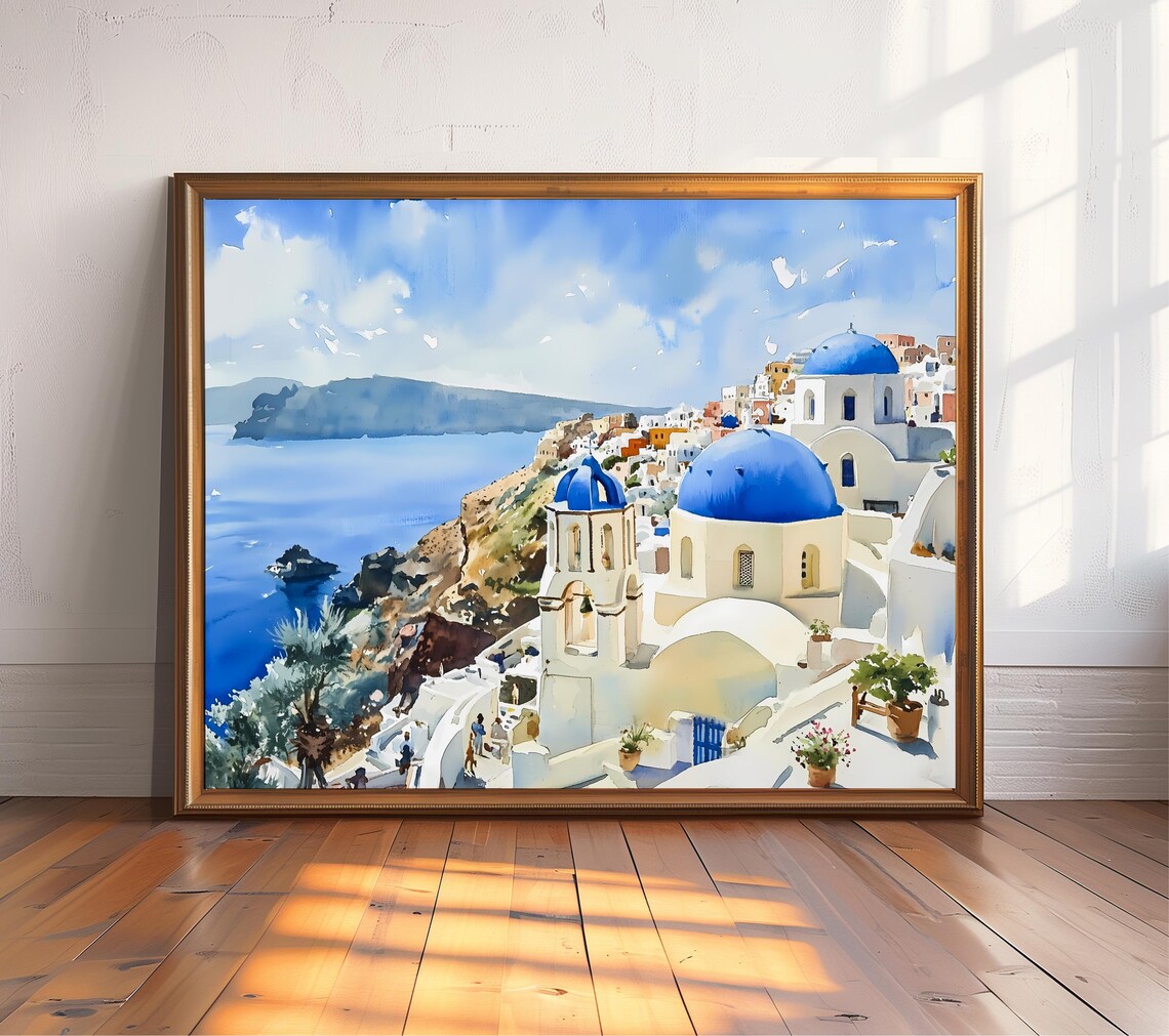 Santorini Watercolor Print, Mediterranean Travel Poster