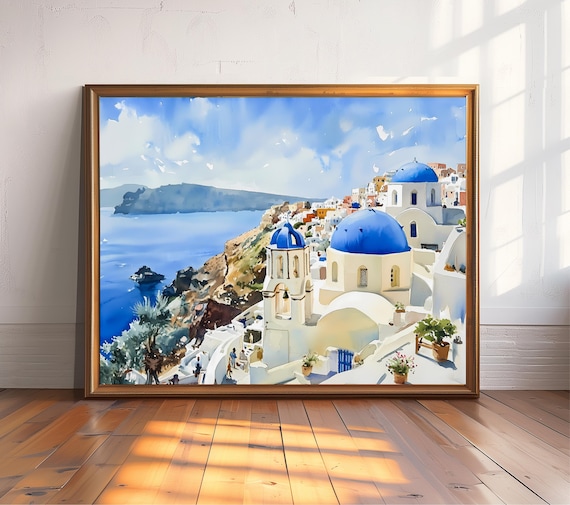 Santorini Watercolor Print, Mediterranean Travel Poster