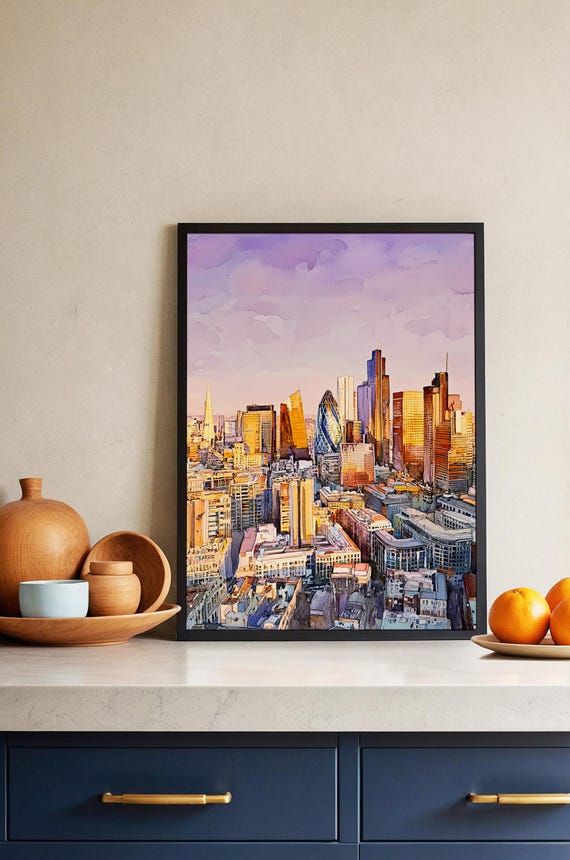 London Skyline Watercolor Print, Golden Hour Cityscape