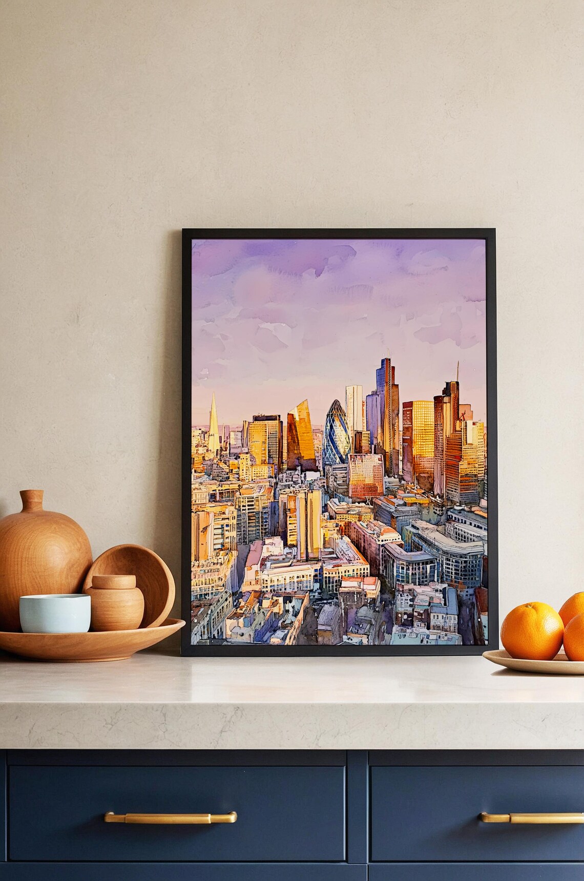 London Skyline Watercolor Print, Golden Hour Cityscape