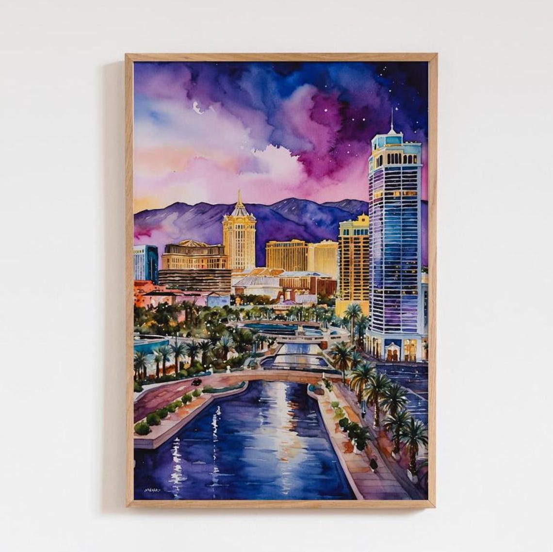 Las Vegas Night Skyline Purple Watercolor Nevada City Lights Poster