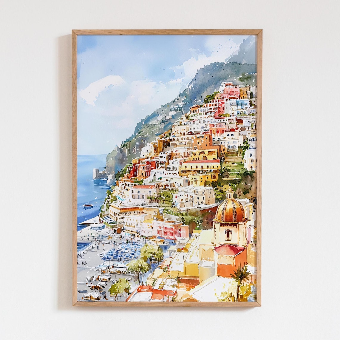 Positano Italy Watercolor Print, Amalfi Coast Travel Poster