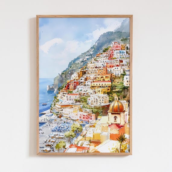 Positano Italy Watercolor Print, Amalfi Coast Travel Poster