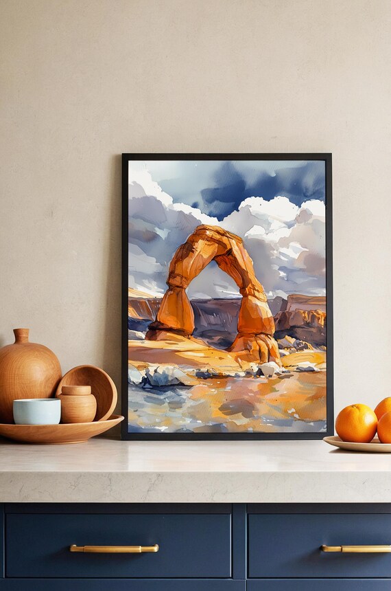 Delicate Arch Utah Watercolor Painting Stormy Sky Desert Landscape Poster