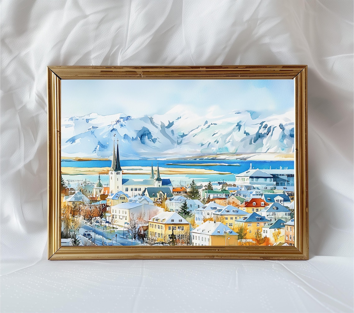 Reykjavik Iceland Watercolor City Snowy Mountains Hallgrimskirkja Poster