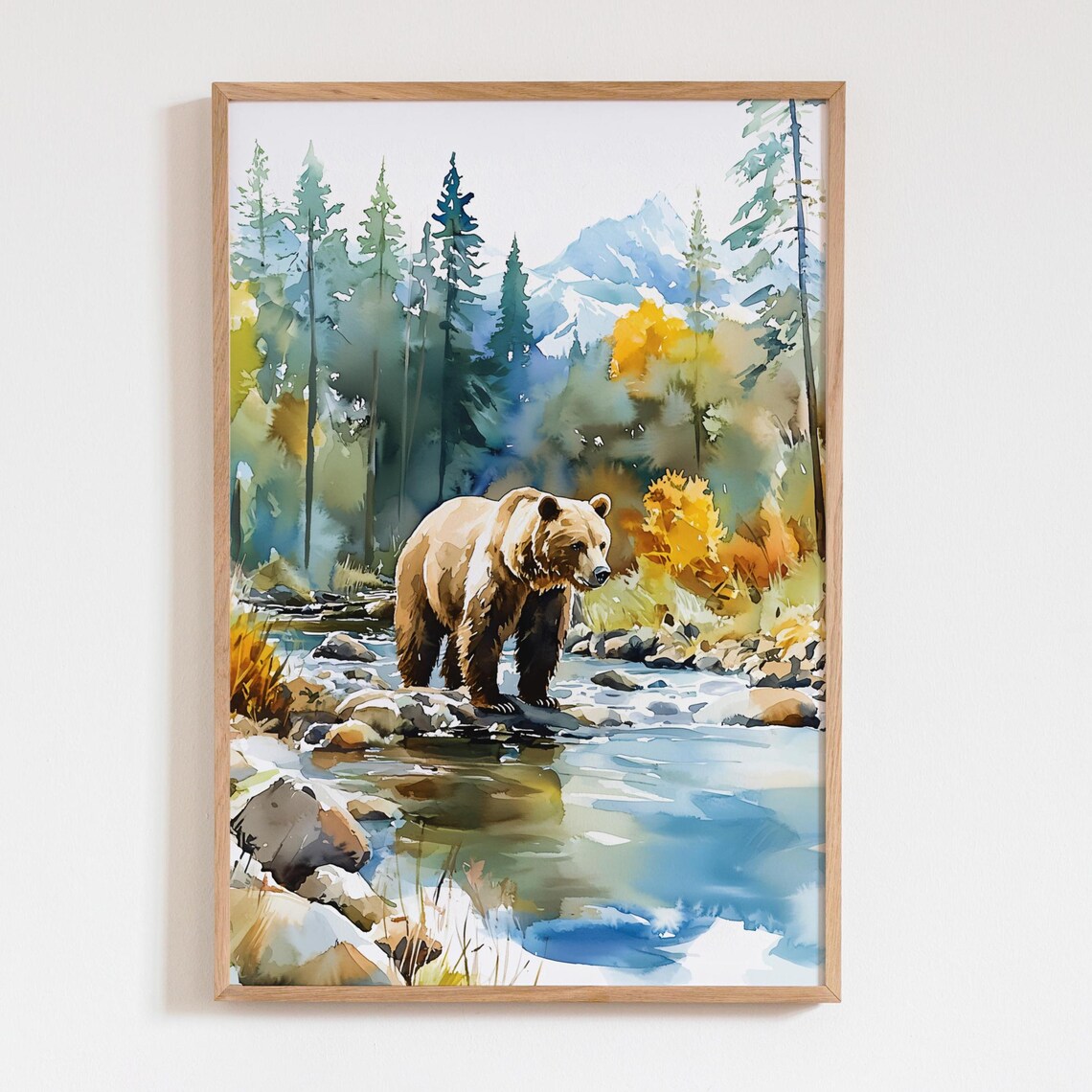 Grizzly Bear Watercolor Painting River Forest Mountains Wildlife Poster