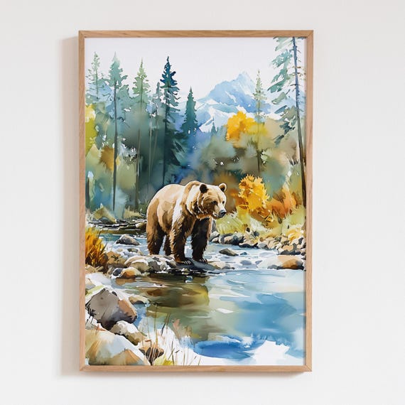 Watercolor Grizzly Bear Print Alaska Katmai River Landscape Art Alaskan Wildlife Painting Nature Wall Decor Gift For Animal Lovers