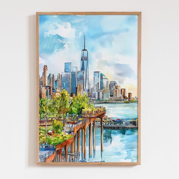 New York City Waterfront Watercolor Art Print, Skyline