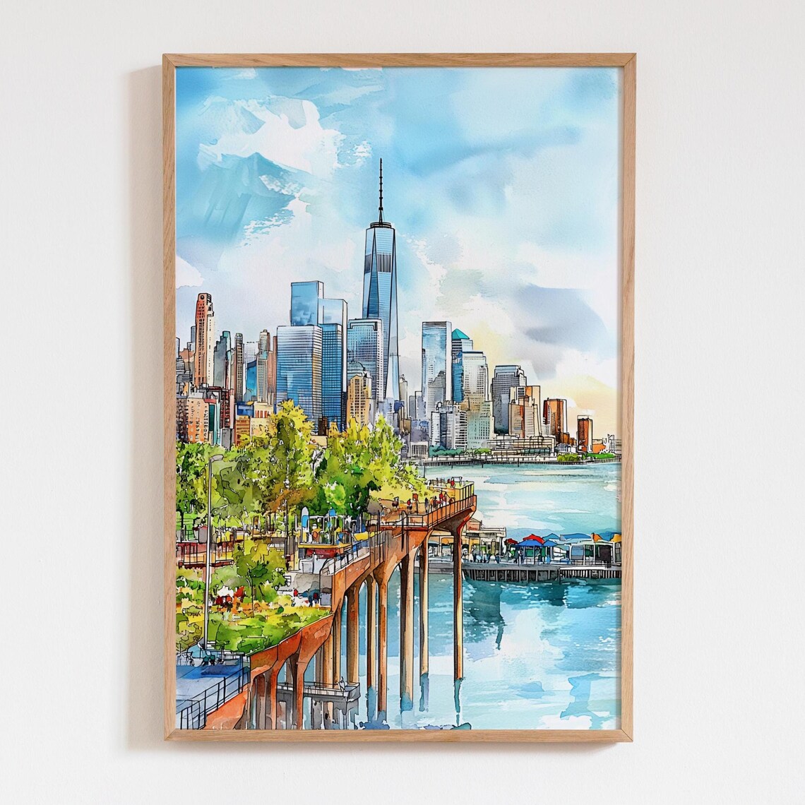 New York City Waterfront Watercolor Art Print, Skyline