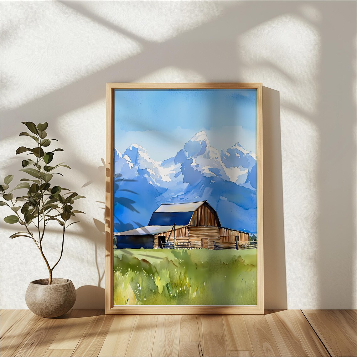 Grand Teton Barn Watercolor Art Print, Rustic Mountain