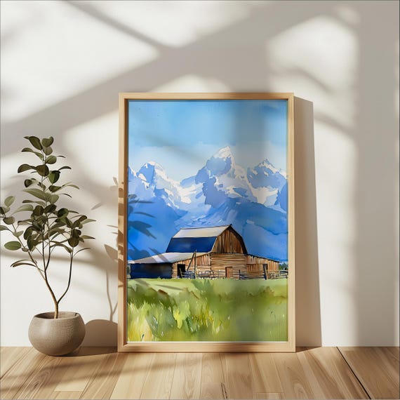 Grand Teton Barn Watercolor Art Print, Rustic Mountain