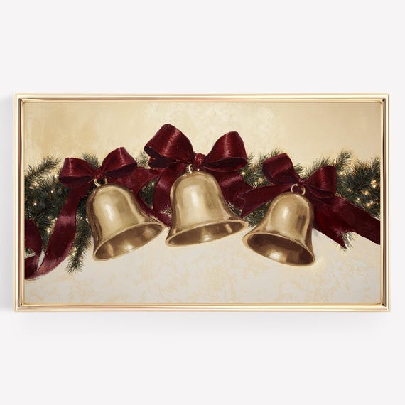Christmas Bells and Bows Gold Burgundy Art Print
