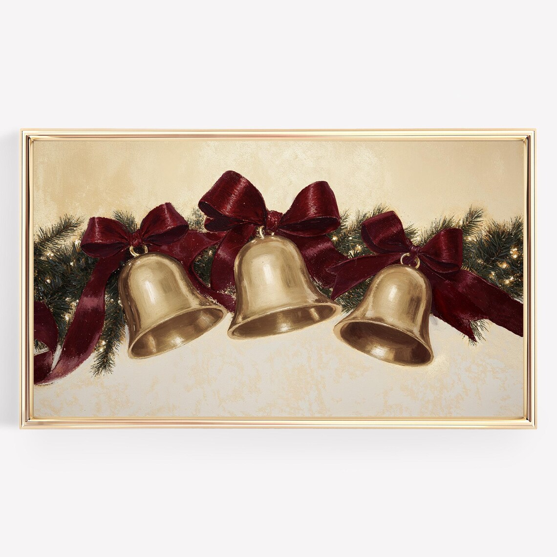 Christmas Bells and Bows Gold Burgundy Art Print