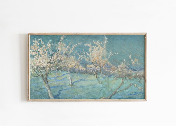 Spring Blossom Trees Blue Abstract Garden Floral Landscape Poster