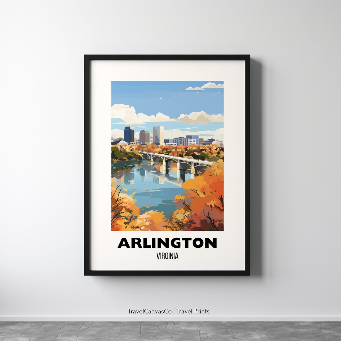 Arlington Virginia Autumn River Skyline Bridge Travel Poster