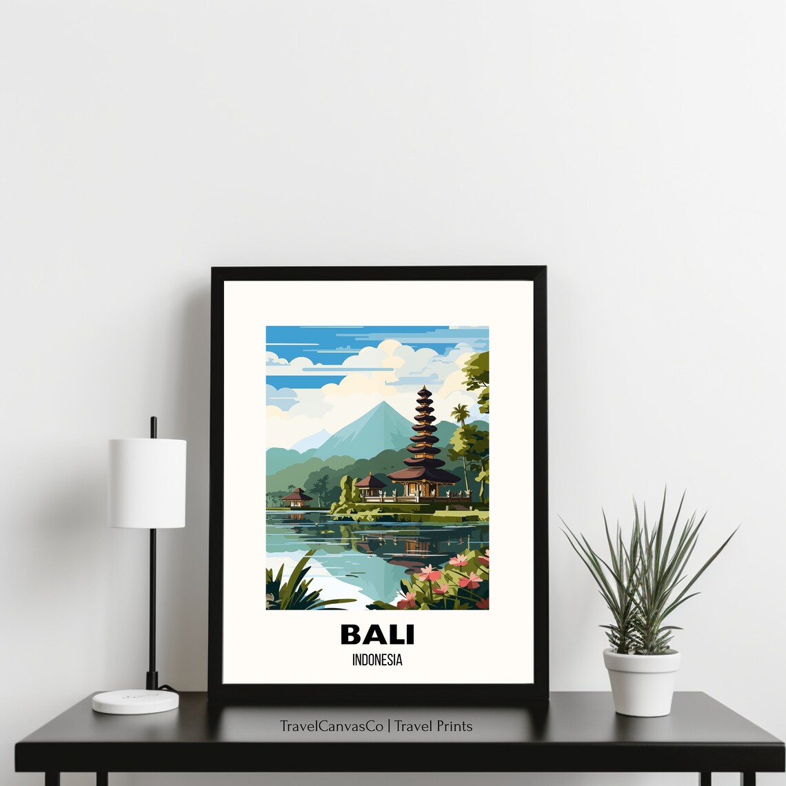Bali Indonesia Lakeside Temple Lotus Pond Vintage Travel Poster - Image 3