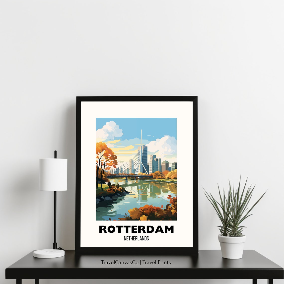 Rotterdam Netherlands Autumn Skyline Bridge River Travel Poster - Image 3