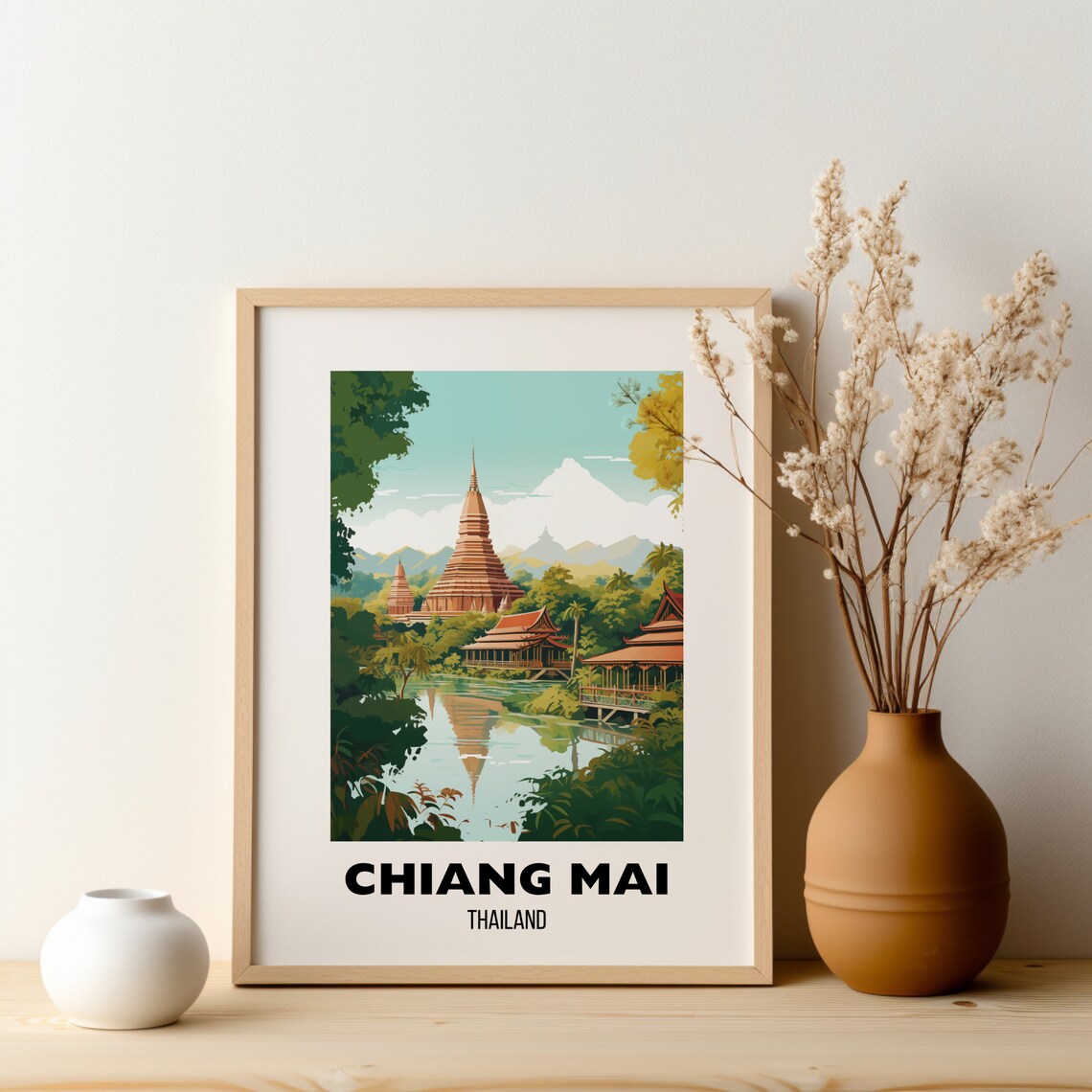 Chiang Mai Thailand Golden Temple Lake Reflection Travel Poster - Image 2