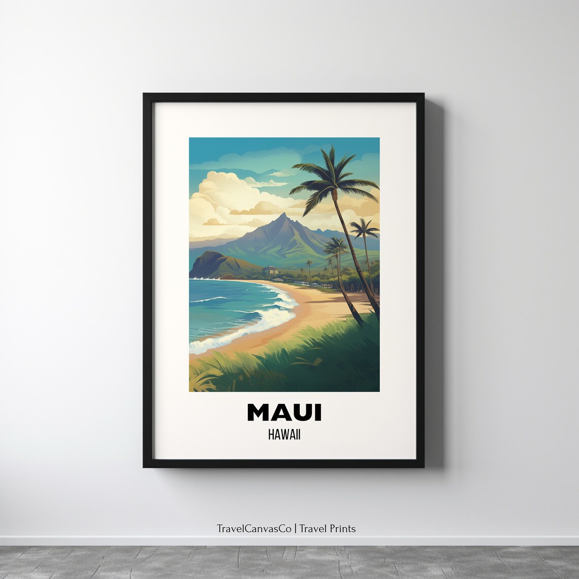 Maui Hawaii Golden Beach Palms And Mountain Coast Travel Poster