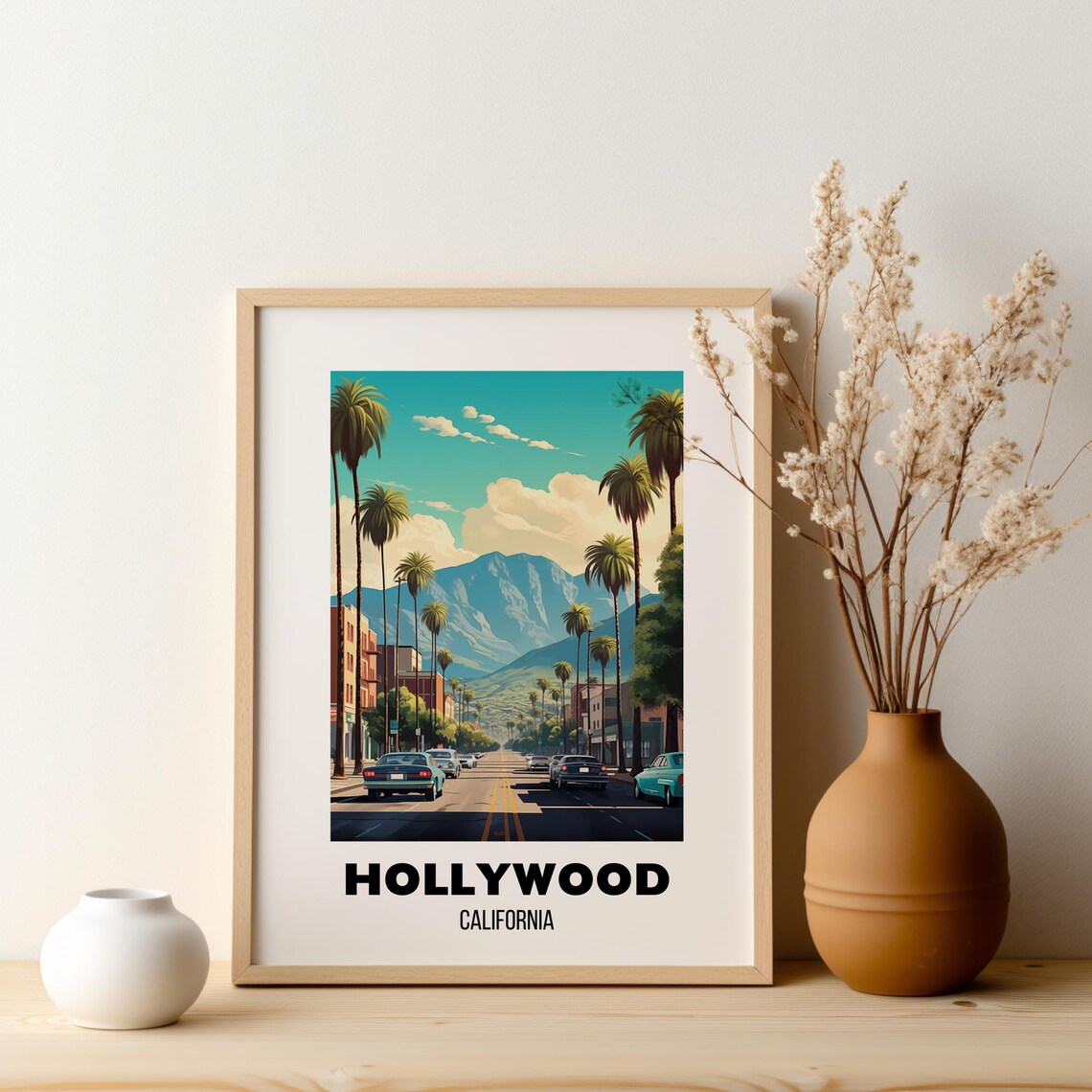 Hollywood California Palm-Lined Street Vintage Cars Travel Poster - Image 2