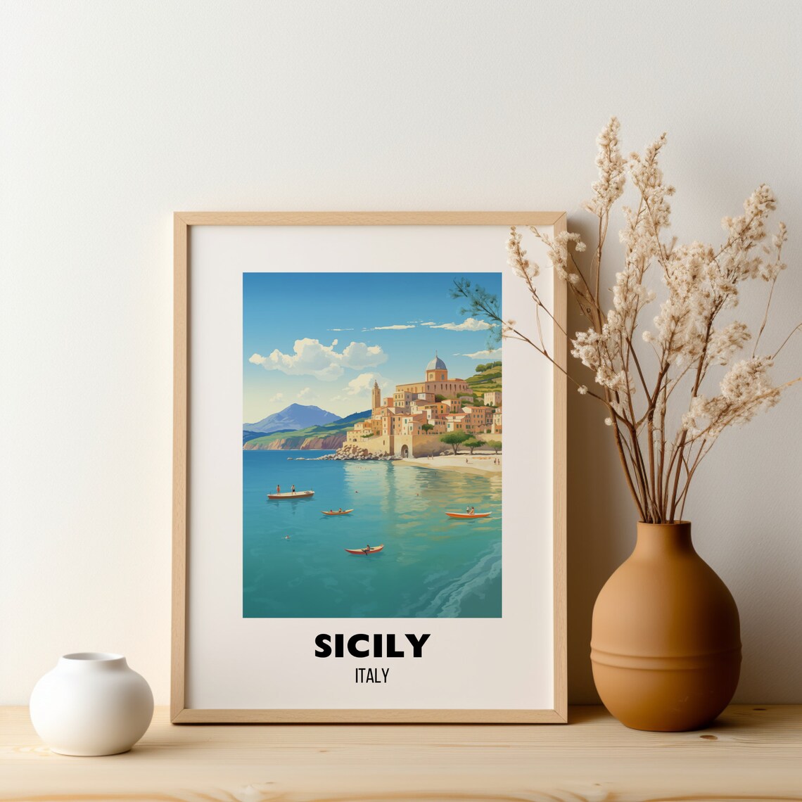 Sicily Italy Coastal Town Turquoise Sea Boats Vintage Travel Poster - Image 2