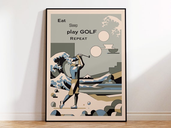 Framed Cubist Golf Player Golf Club Poster With Eat Sleep Play Golf Repeat Text Ocean Waves Background Framed Unframed Options