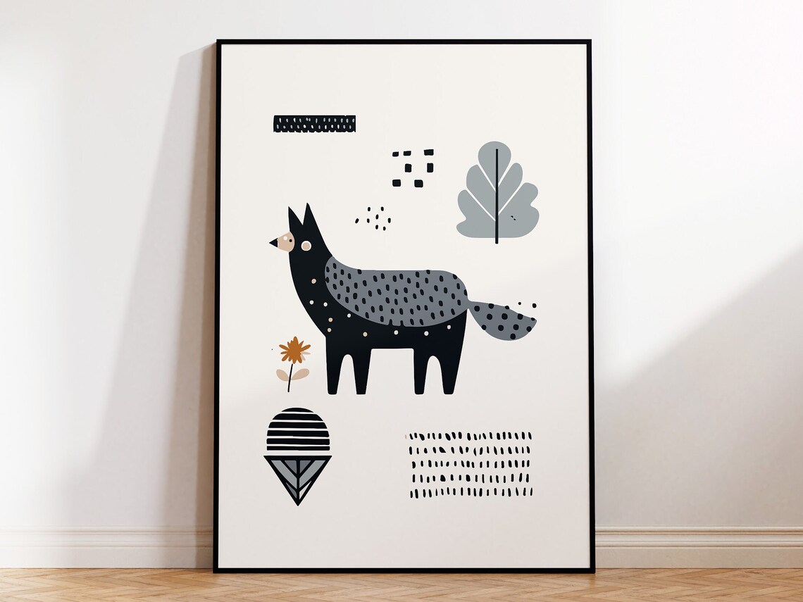 Cute Wolf Nursery Illustration Scandinavian Kids Animal Art Poster