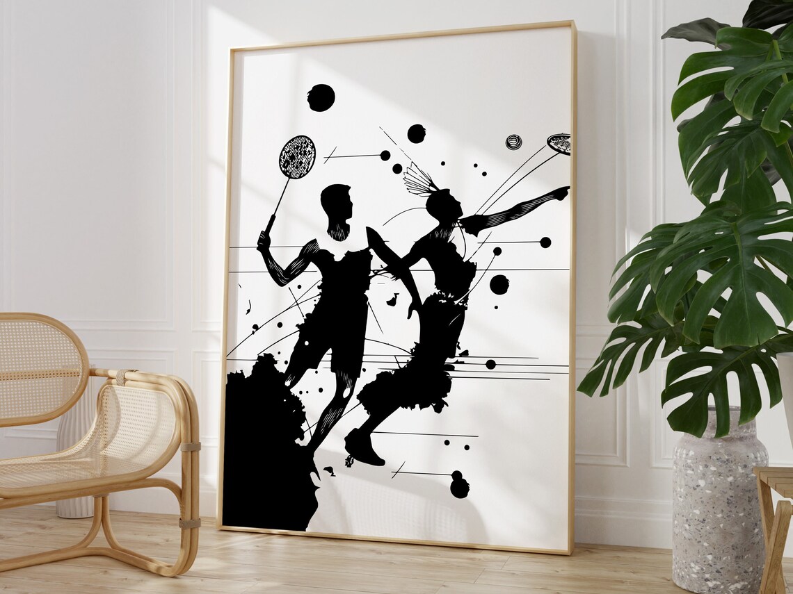 Badminton Players Black And White Splatter Abstract Sports Poster - Image 2