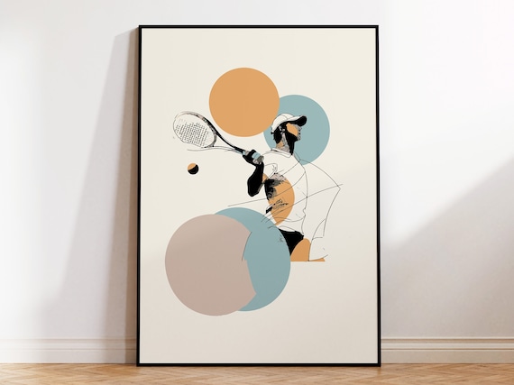 Tennis Player Sketch Line Art Pastel Circles Modern Sports Poster