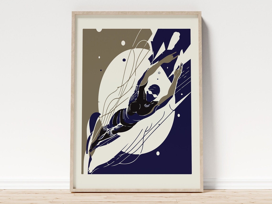 Female Swimmer Portrait Navy Gold Geometric Abstract Wall Art