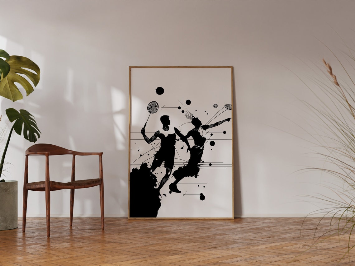 Badminton Players Black And White Splatter Abstract Sports Poster