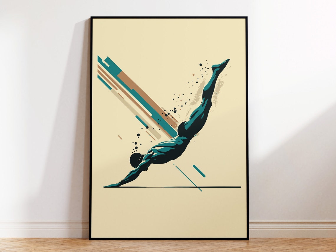 Abstract Swimmer Diving Teal Navy Motion Lines Modern Swim Wall Art