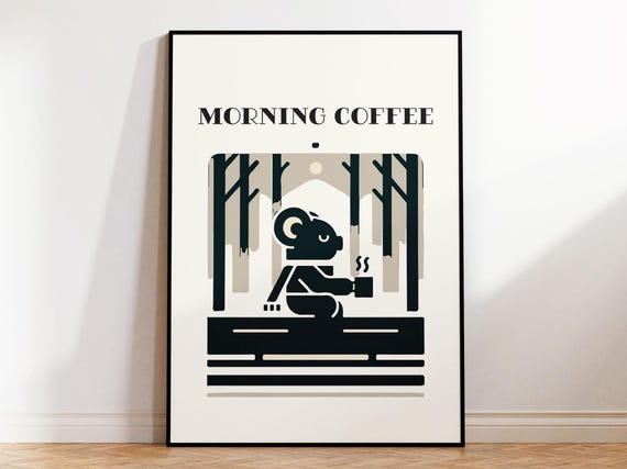 Morning Coffee Koala Instant Poster For Fun Quirky Kitchen Wall Art I Koala In The Woods Drinking Coffee Artwork Instant