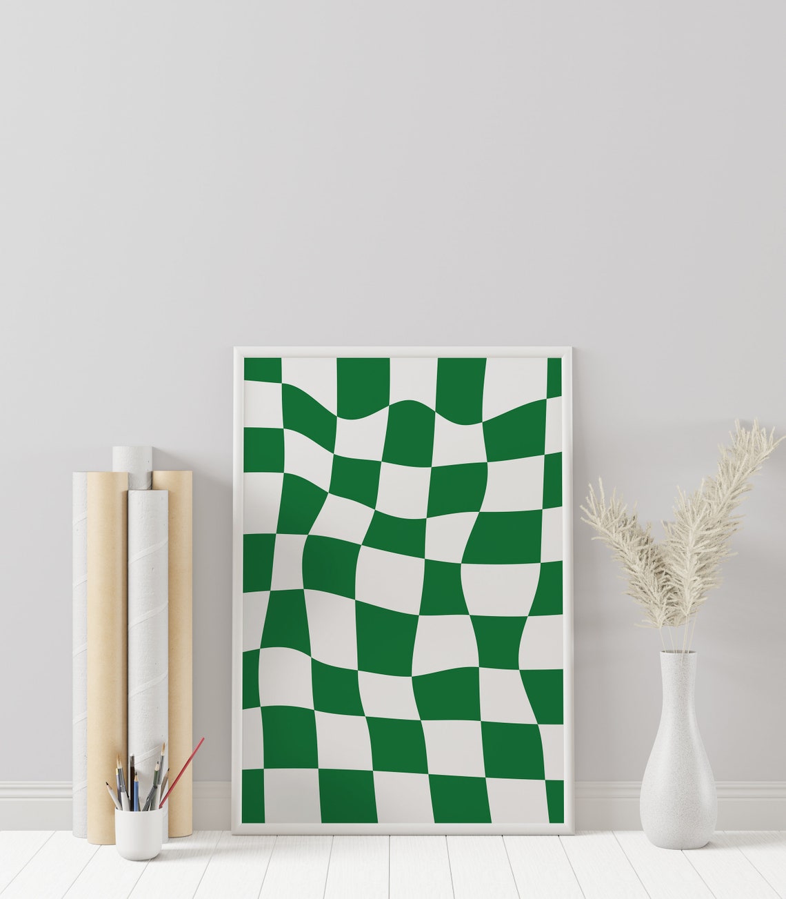 Kelly Green Wavy Checkerboard Groovy Retro Trendy Art Poster
