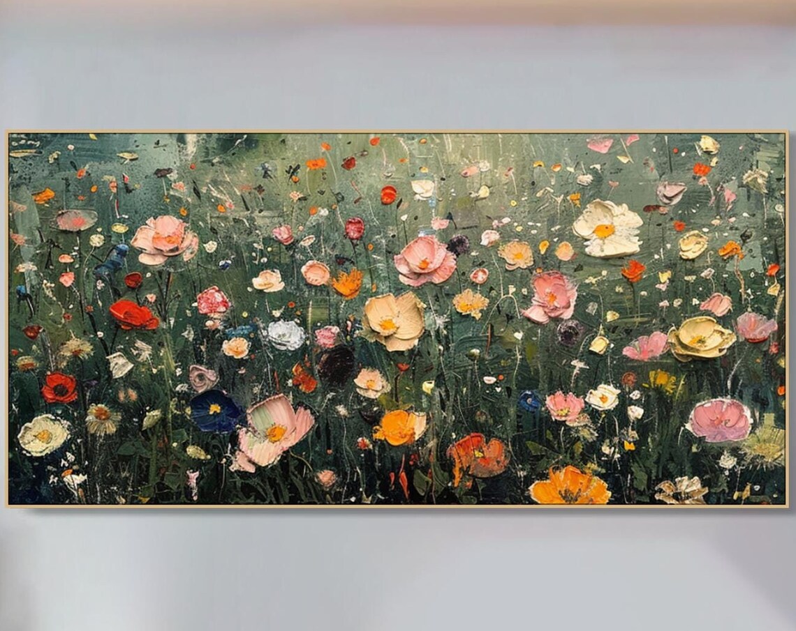 Colorful Wildflower Meadow Dark Green Textured Oil Painting Poster