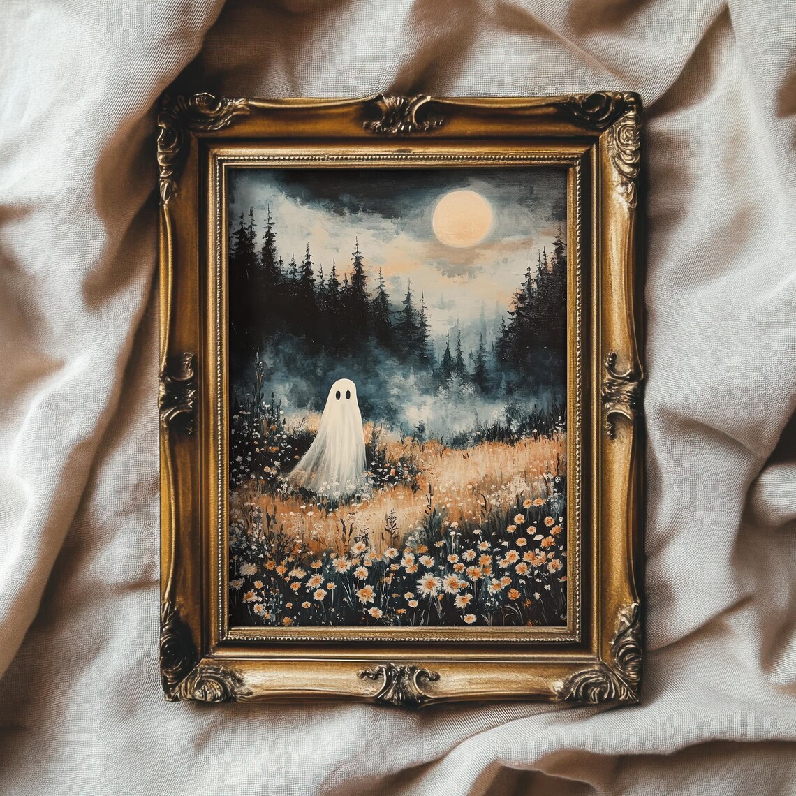 Whimsical Ghost on Flower Meadow, Halloween Art Print