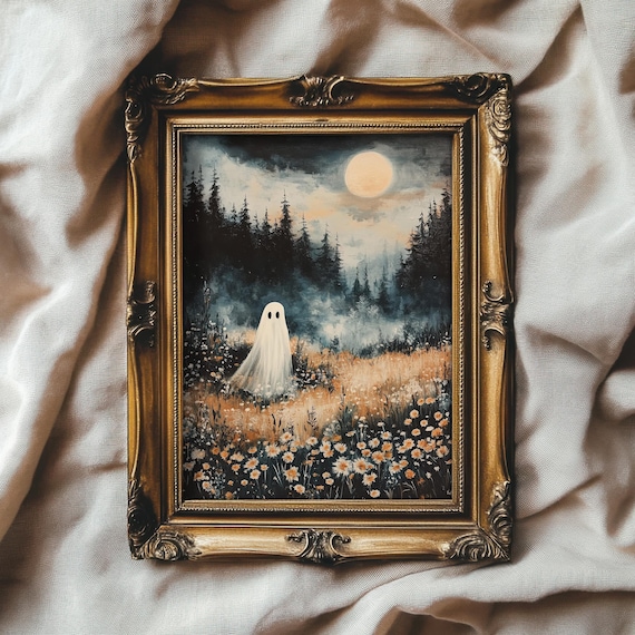 Whimsical Ghost on Flower Meadow, Halloween Art Print