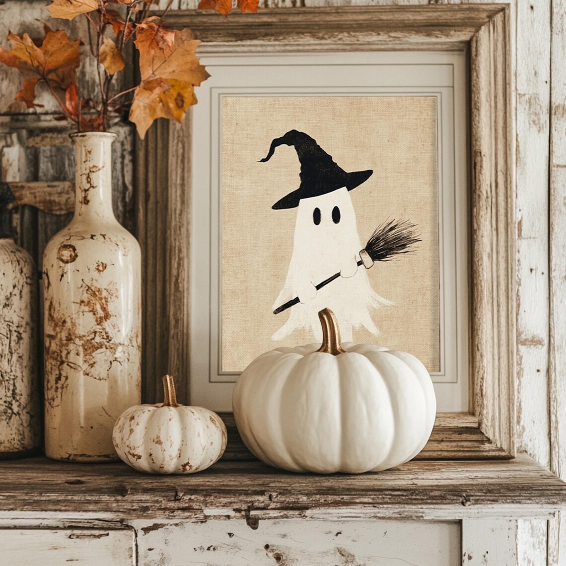 Witchy Ghost Holding Broom, Vintage Style Drawing