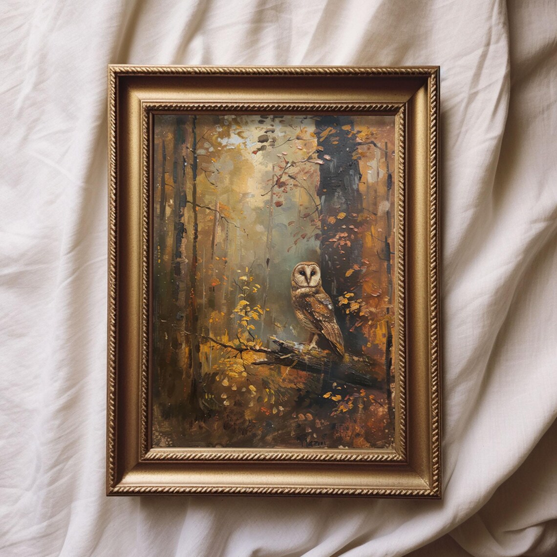 Ghost Owl Perched in a Misty Autumn Forest Vintage Art Poster - Image 2